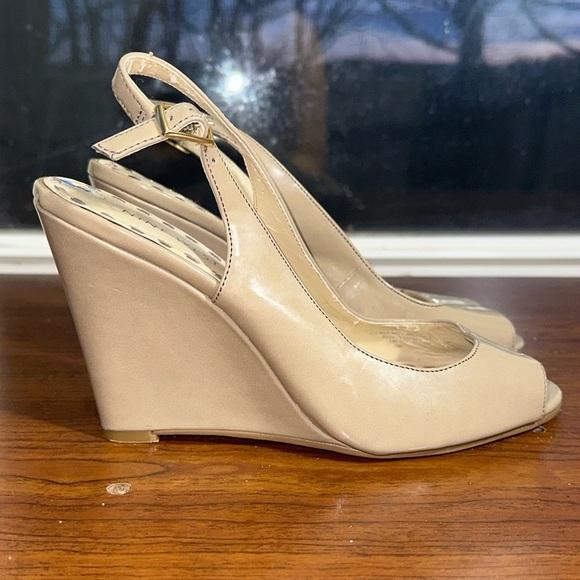 Nine West Shoes - Nine West Women’s Neutral Beige Vegan Open Toe Wedge Slingback Heels Size 7 1/2